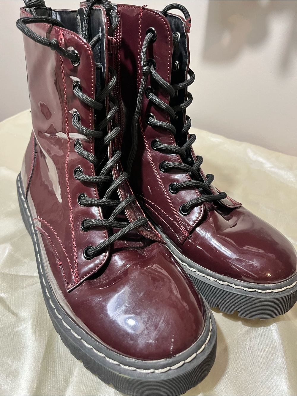 Sincerely Jules Women’s Glossy Burgundy Lace-Up Combat Boots